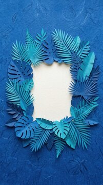 natural tropical frame with blue paper palm leaves on background