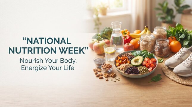 National Nutrition Week banner with healthy food arrangement, fresh produce and nutritious dishes on a bright kitchen table background