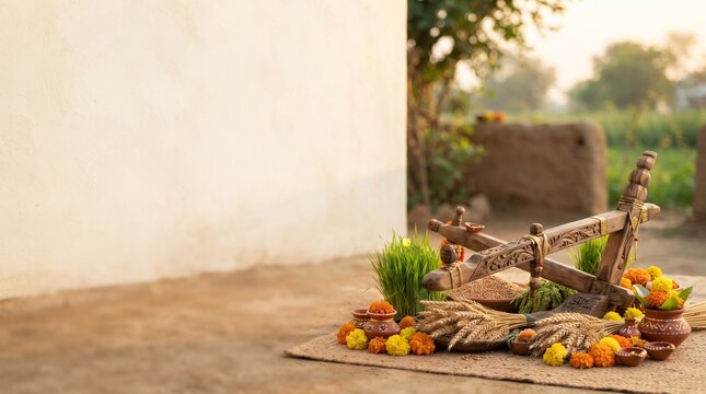 Rural Indian village scene with traditional clay stove and outdoor cooking area representing heritage lifestyle and cultural tradition