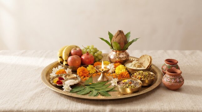 Shitala Satam puja thali with traditional Indian food offerings, fruits, flowers and ritual items arranged for festival worship