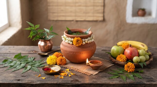 Shitala Satam traditional festive still life with clay pot, fruits, flowers, leaves and devotional offerings on a rustic surface