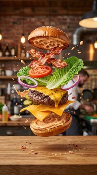 appetizing burger with flying ingredients captured in mid air action