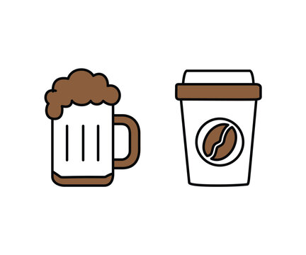 Beer and coffee drink icons featuring a foamy beer mug and takeaway coffee cup with bold outline