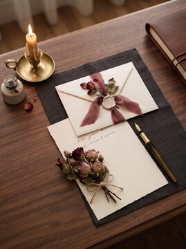 Beautiful handwritten letter, envelopes and fountain pen arranged with dried flowers on a sunlit wooden writing table