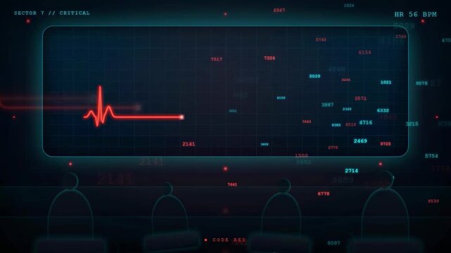 Digital Medical Heart Rate Monitor Display Showing Vital Signs Transitioning to a Flatline Signal