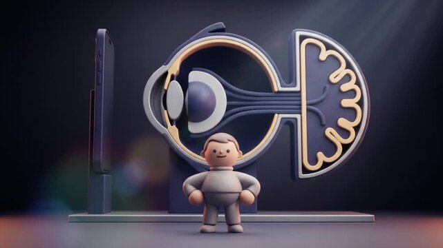 視覚伝達構造オブジェを背景に直立姿勢をとる粘土キャラクターの3D動画