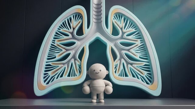 肺の断面構造オブジェを背景に直立姿勢をとる粘土キャラクターの3D動画