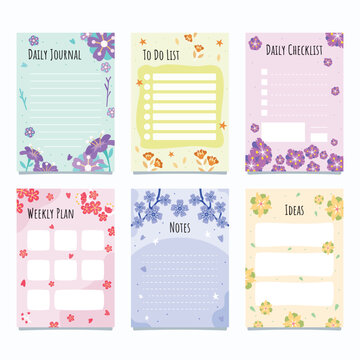 Floral stationery set with labeled cards for journaling ornament vector illustration checklist journal planner notepad