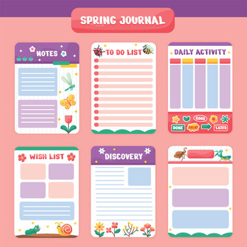 Floral ornament journal page layouts feature pastel colors and whimsical insect illustrations pages insects butterflies