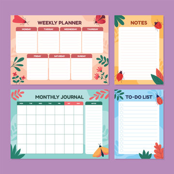 Floral ornament stationery set features weekly planners notes pages and to do lists in a vector illustration