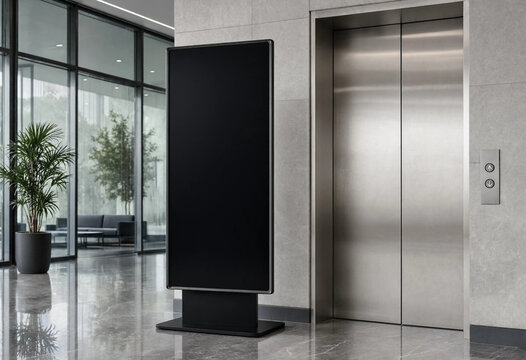 Modern lobby features sleek elevator and digital display