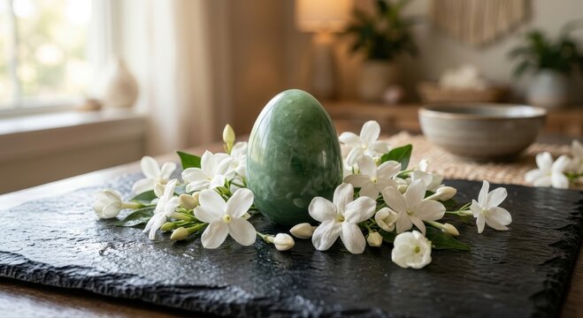 Elegant Green Jade Egg Adorned with Freshly Bloomed White Jasmine Flowers on a Textured Surface