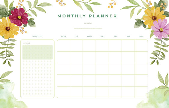 Floral ornament surrounds a monthly planner layout with space for to do lists and calendar dates