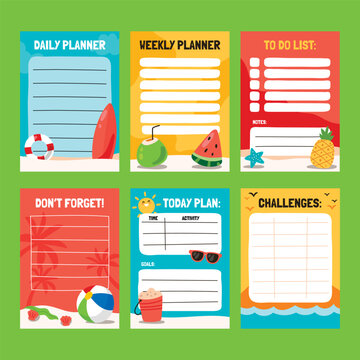 Summer themed planner layouts with tropical fruits and beach accessories vector illustration planning schedule organizer