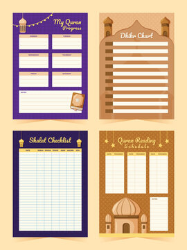 Floral ornament weekly planner layouts with islamic motifs and colored backgrounds schedule checklist ramadan religious