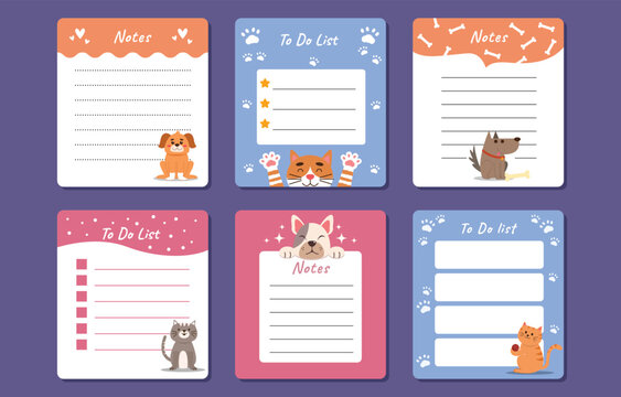 Pet themed notepaper collection features cats and dogs with decorative borders and checklists animal themed checklist companion animal