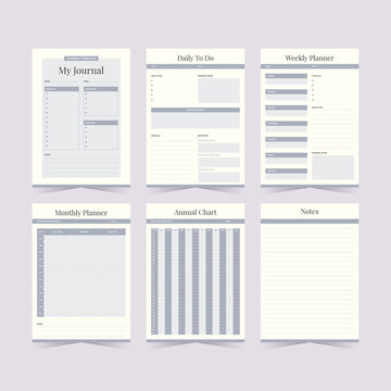 Collection of planner page layouts with text fields and checklists on a light lavender background