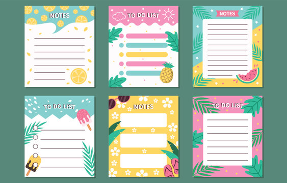 Tropical fruit floral ornament collection with lined paper backgrounds vector illustration pineapple orange watermelon strawberry