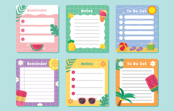 Summer themed sticky notes with fruit and floral illustrations in a vector style adhesive annotation beach
