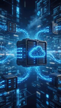 Futuristic cloud computing concept with digital data flow and server connections in a high tech environment