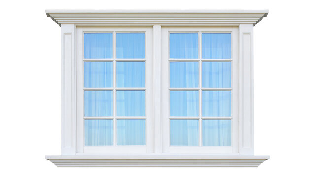 White wooden casement window with blue curtains, isolated on transparent background