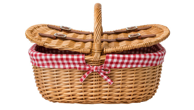 Wicker picnic basket with red gingham liner and leather straps, isolated on transparent background