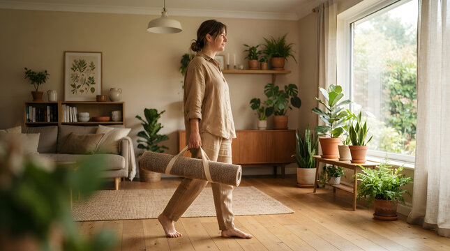 Wellness Concept Woman Carrying Yoga Mat in a Calm Living Room Interior