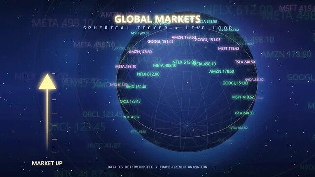Digital stock market data visualization with rising arrows and financial tickers on dark blue background