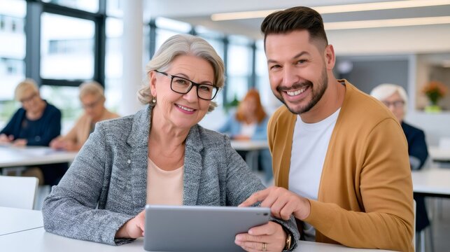 Young man mentoring senior woman learning digital literacy