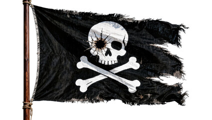 Naklejka premium Tattered black pirate flag with skull and crossbones, isolated on transparent background