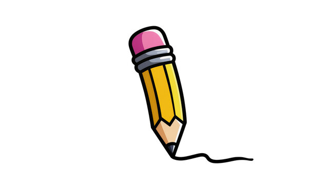 Yellow graphite pencil with pink eraser drawing a wavy black line, isolated on transparent background