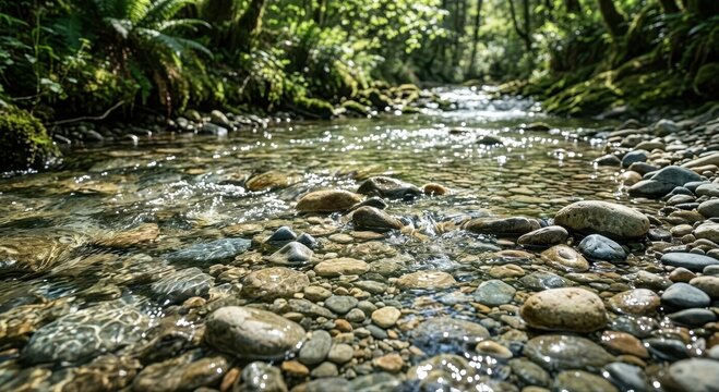 Gentle flow of clear water over river rocks in a sunlit forest stream