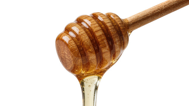 Wooden honey dipper with dripping golden honey, isolated on transparent background