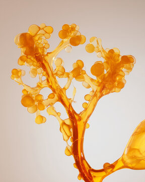 Glandular lobule branching structure with acini clusters 3D render in warm amber gold tones on cream background