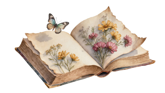 Antique open book with pressed flowers and butterfly, isolated on transparent background