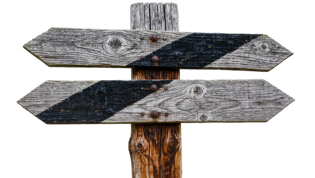 Weathered wooden directional signpost with black stripes, isolated on transparent background