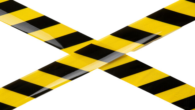 Yellow and black striped hazard tape crossing, isolated on transparent background