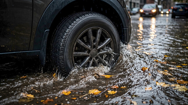 Dark car wheel driving through flooded city street with autumn leaves for auto insurance blogs, weather safety websites, urban infrastructure articles, and climate awareness