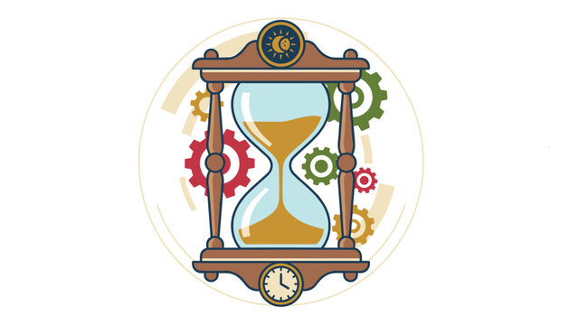 Vintage wooden hourglass surrounded by colorful mechanical gears, a sun-moon dial, and a clock on a white background.