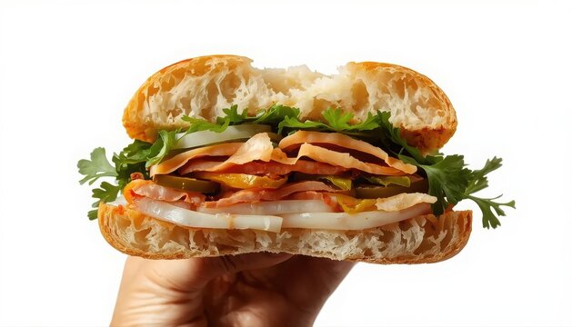 Delicious loaded burger sandwich held in hand against a white background with fast food snack time bite taken finger food street food sandwich delicious appetizing isolated studio shot