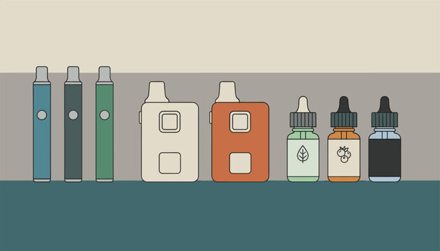 Selection of modern vaporizers, box mods, and various flavored e-liquid dropper bottles lined up in a row.