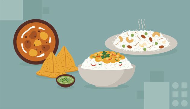 Traditional Indian food spread with samosas, green chutney, spicy curry, white rice, and steaming dhal soup.