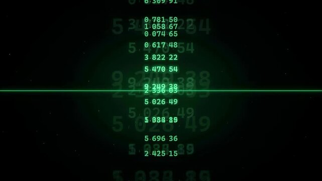 Digital green data stream with scrolling numbers and binary code on black background