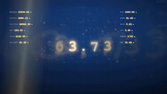 Digital stock market ticker with fluctuating financial data and numbers on a blue background