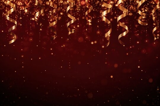 Gold ribbons and glowing bokeh on red celebration background