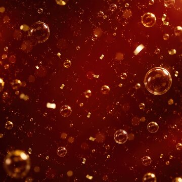 Golden bubbles and confetti on red festive background
