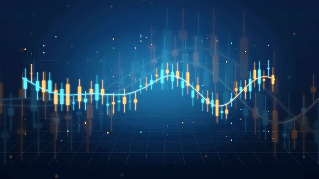Abstract Digital Financial Stock Market Candlestick Chart with Glowing Blue Lines and Data Visualization