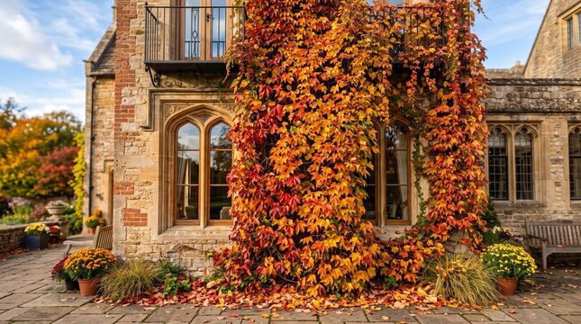 Autumn ivy on stone cottage, rustic English manor house with orange fall foliage, traditional brick building with climbing vines isolated PNG with Transparent Background