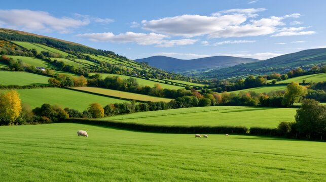 Sheep grazing rolling green hills in Irish countryside