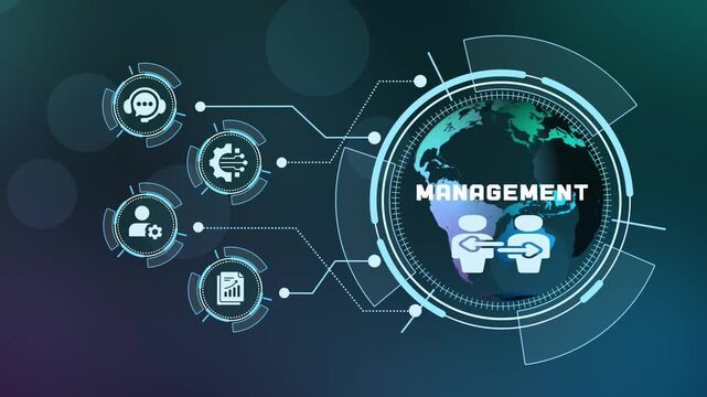 Management concept with connected business processes, performance monitoring, strategic coordination and digital workflow visualization.